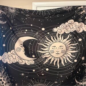 Mystical Sun and Moon Tapestry - Black and White